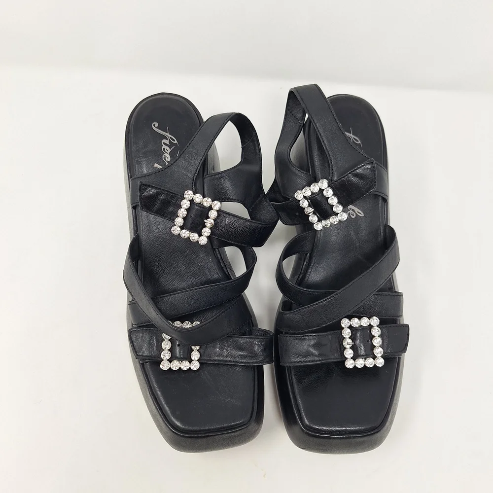 Free People Black Platform Sandals with Rhinestone Buckles Brooklyn